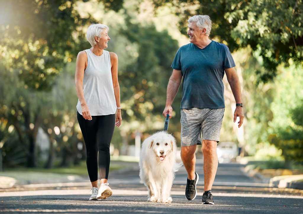 Older couple walking with their dog.